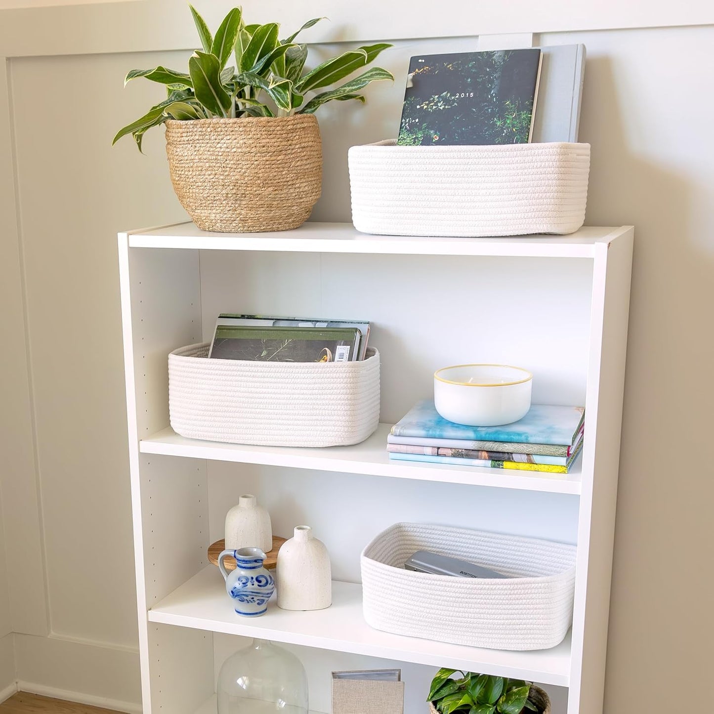 NaturalCozy 13.5”x8.5”x5.5” Storage Baskets for Shelves 3 Pack | Cotton Rope Woven Small Baskets for Organizing | Small Storage Bins for Nursery, Bathroom, Closet, Cube Shelf, Decorative, Gift