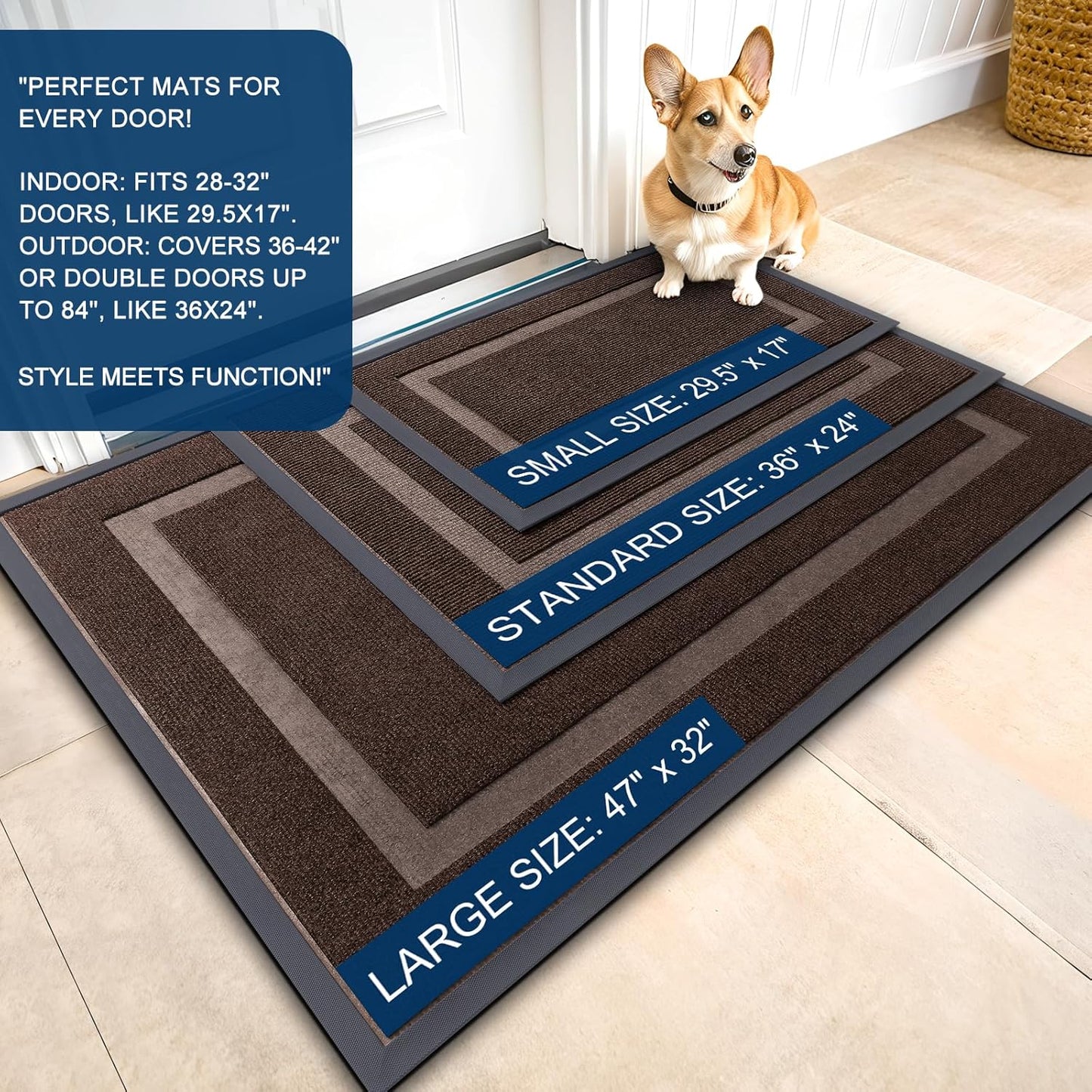 OLANLY Front Door Mat Indoor Outdoor Entrance, Waterproof All-Season, All-Weather Doormat, Sturdy Natural Rubber, Fade Resistant, Low Profile, Easy Clean Patio Porch Entryway Mat, 59x35, Dark Brown