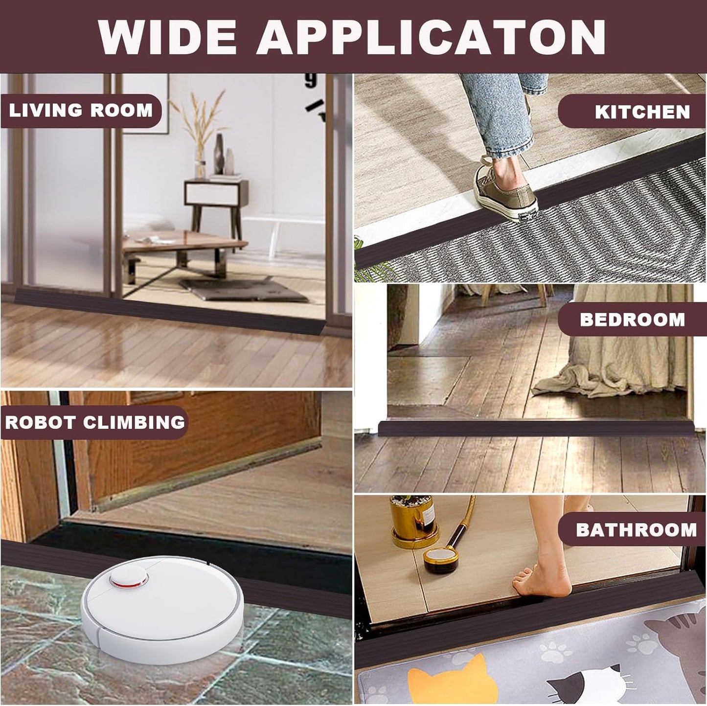 Vinyl Door Threshold Flooring Transition Strip Self Adhesive Carpet Edging Strip for Laminate Doorway Edge Threshold from 1/5" to 2/5" (Black Walnut Wood Grain, 6.6 Ft)