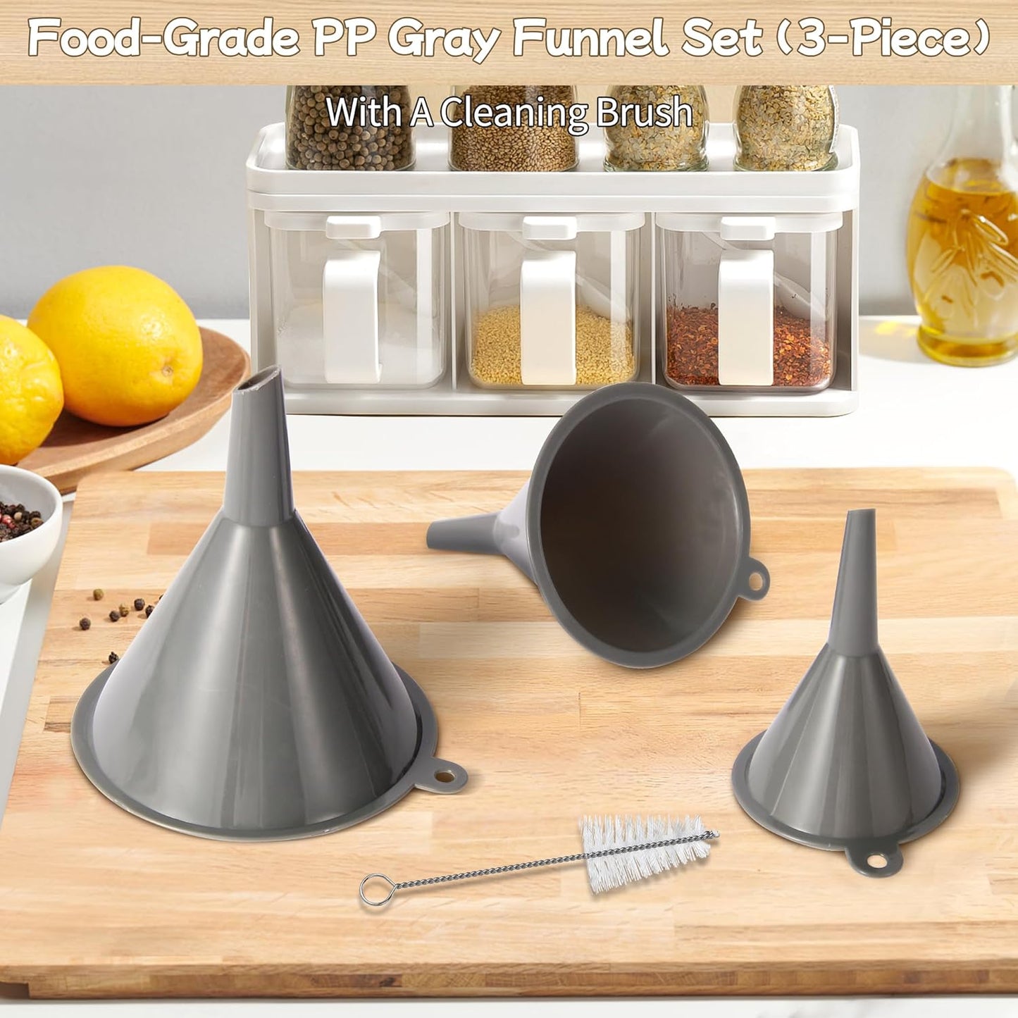 Plastic Kitchen Funnel Set of 3 with Clean Brush, Round Food Funnels for Kitchen Use, Multifunctional Funnels for Filling Canning&Bottles, Suitable for Cooking, Lab and Automotive Use