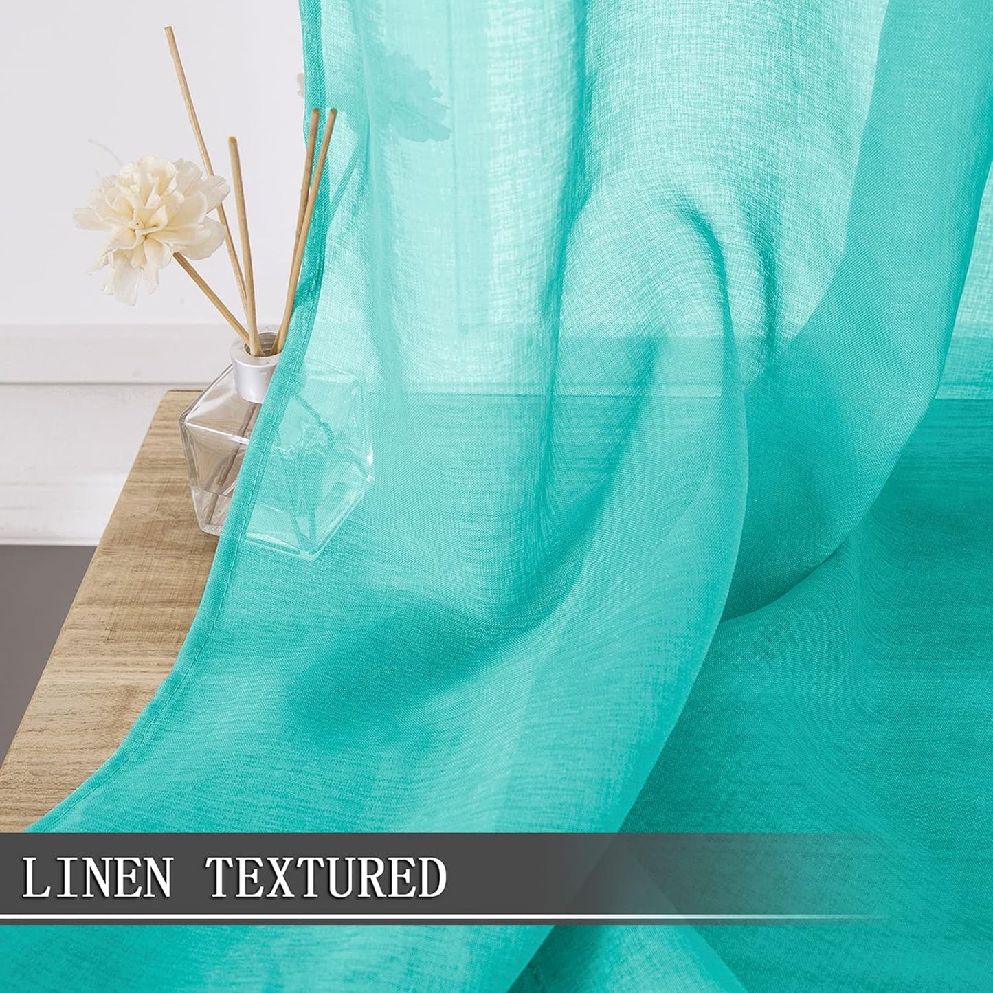 Tollpiz Sheer Curtains Linen Textured Bedroom Curtain Sheers Light Filtering Rod Pocket Voile Curtains for Living Room, 54 x 63 inches Long, Aqua Blue, Set of 2 Panels