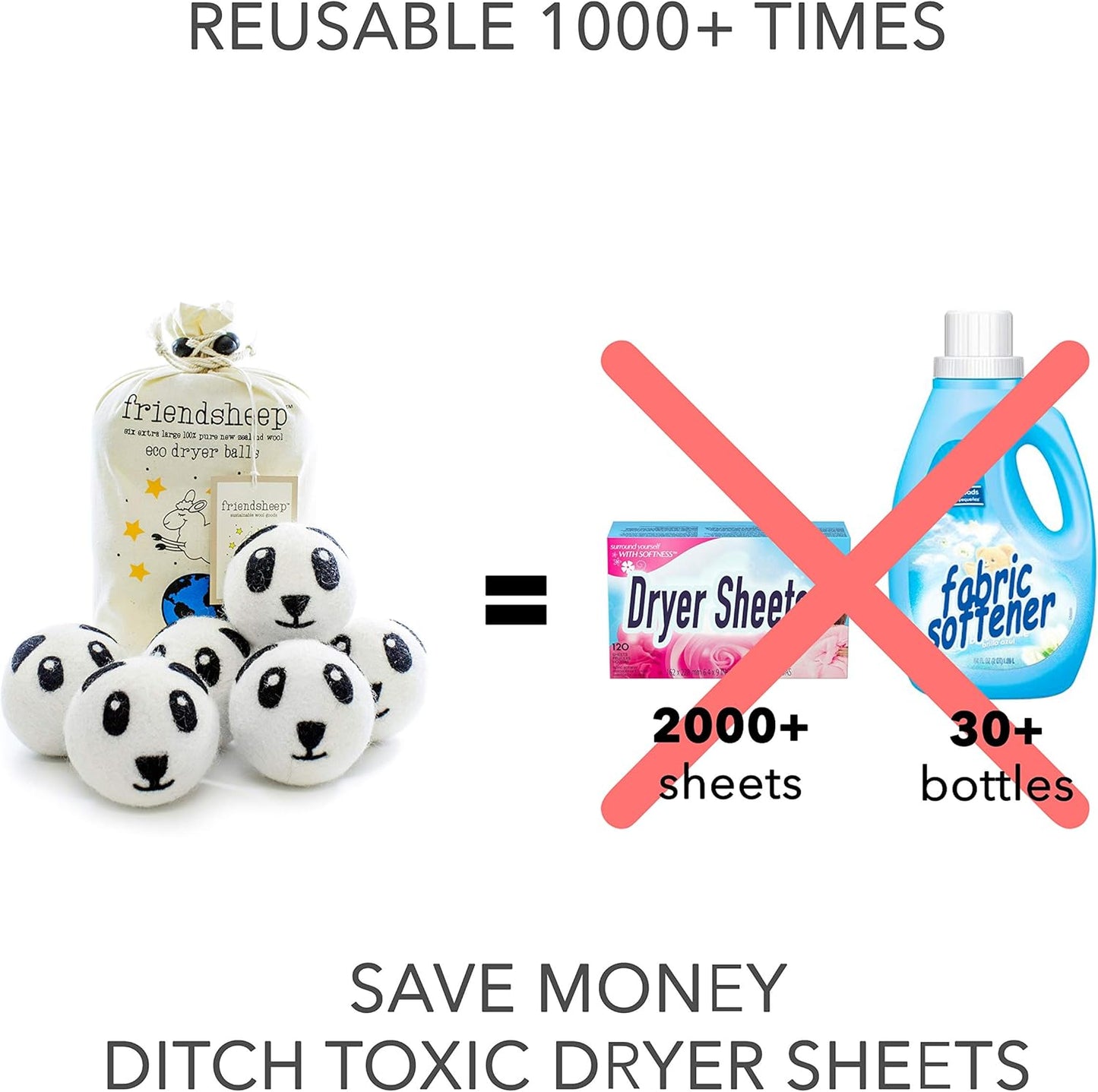 Friendsheep Wool Dryer Balls 6 Pack XL Organic Premium Reusable Cruelty Free Handmade Fair Trade No Lint Fabric Softener - Panda Pack