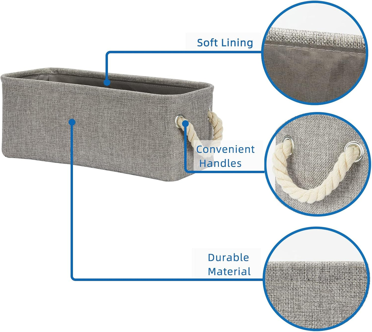 Temary Small Storage Baskets for Organizing, Narrow Baskets for Storage Toilet Paper Rolls, Fabric Baskets with Handles for Closets, Cabinets, Shelves (Grey, 15Lx6Wx5.5H Inches)