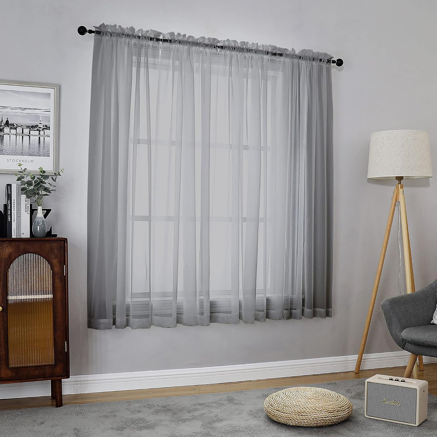 Chyhomenyc Sheer Window Curtains 63 inch Length 2 PCS- Rod Pocket Living Room Curtain Panels Voile Textured Soft and Lightweight Window Treatments for Bedroom Decor, 42W x 63L Inches, Charcoal Grey
