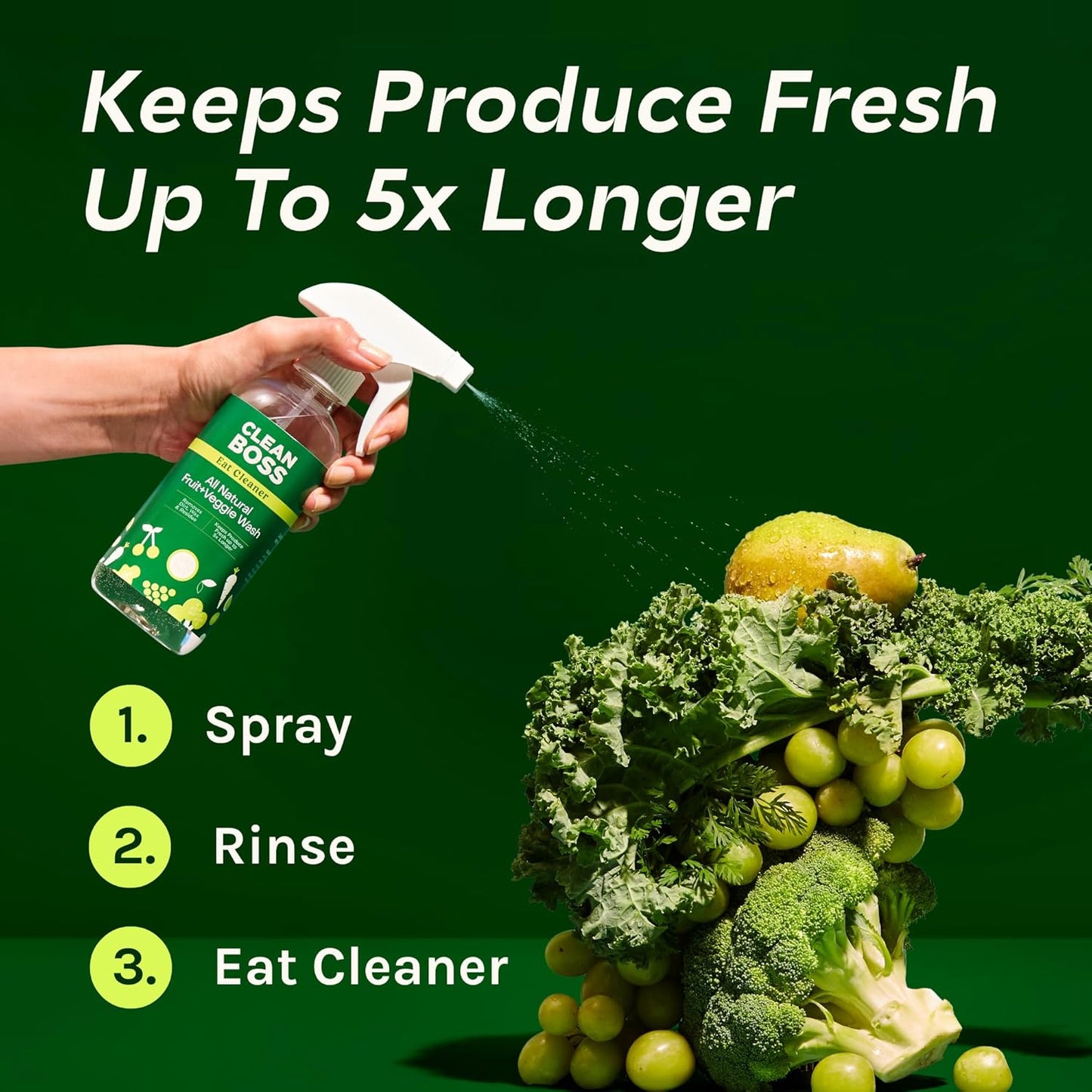 CleanBoss Eat Cleaner Triple-Action Fruit + Veggie Wash Refill - 64 oz - Removes Harmful Residue - Keeps Produce Fresh Up to 5X Longer - Vegan, Gluten Free