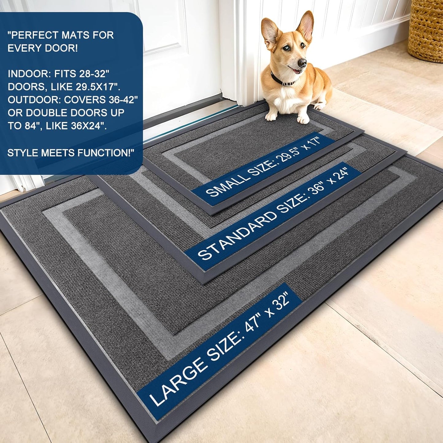 OLANLY Front Door Mat Indoor Outdoor Entrance, Waterproof All-Season, All-Weather Doormat, Sturdy Natural Rubber, Fade Resistant, Low Profile, Easy Clean Patio Porch Entryway Mat, 47x23, Dark Grey