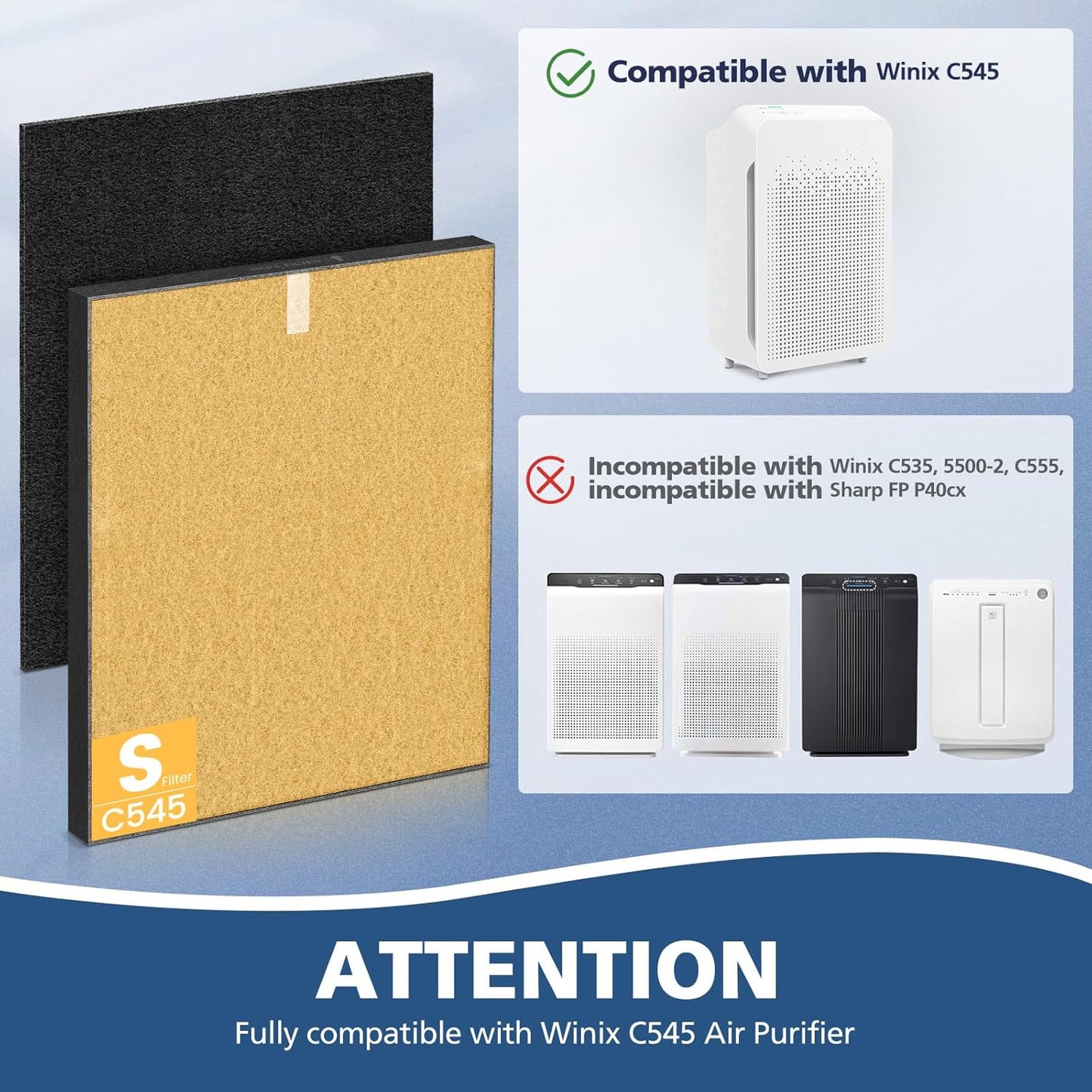 2 Pack C545 HEPA Pet Replacement Filter S Compatible with Winix C545 Air Purifier, Replaces Part 1712-0096-00 and 2522-0058-00, 2 HEPA Filter + 8 Activated Carbon Filters, Yellow