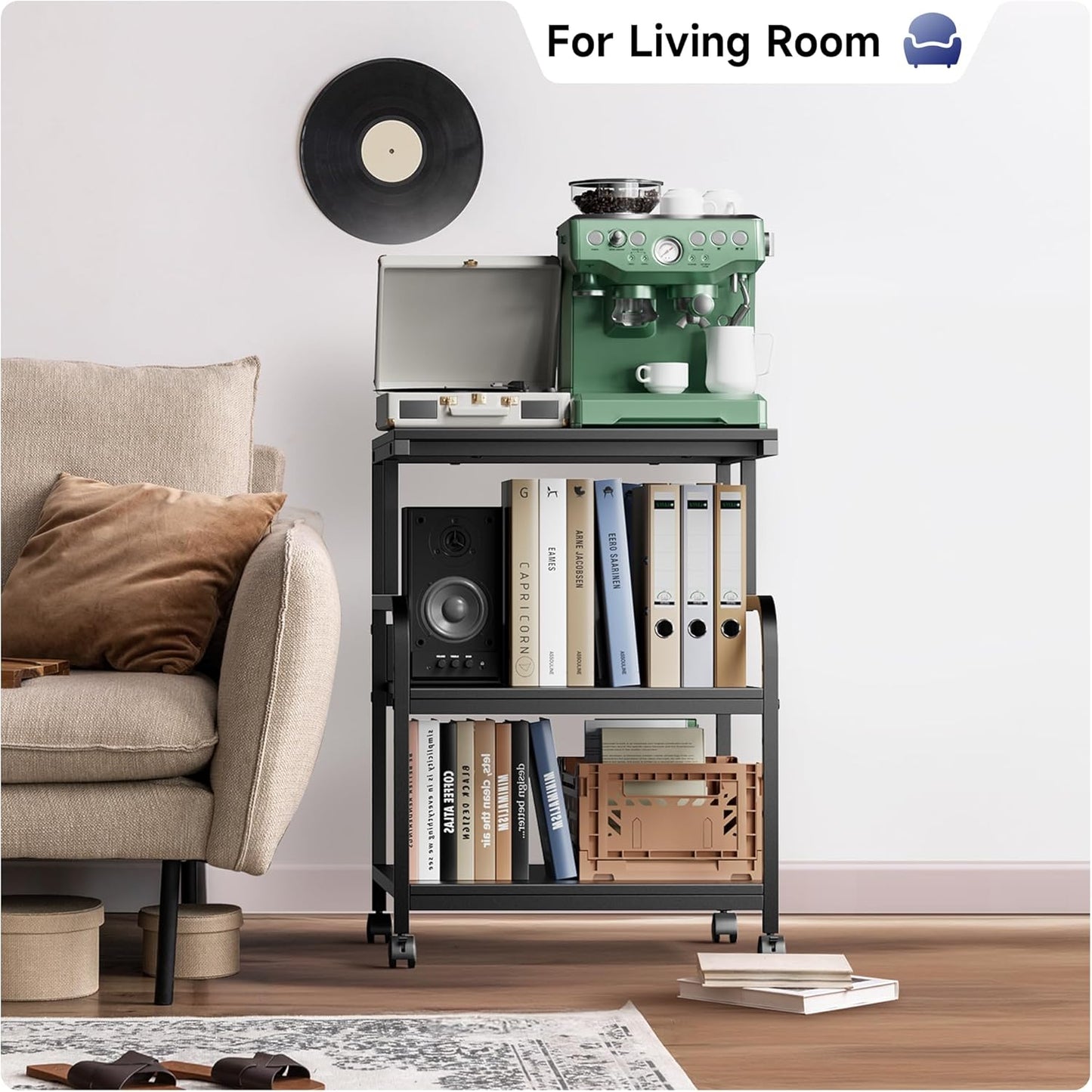 Printer Stand, 20×16×28'' Metal Printer Table with Wheels, 3 Tier Rolling Cart with Adjustable Storage Shelf, Space Saving 3D Printer Desk for Home Office, Mini Fridge & Heat Press Stand, Black