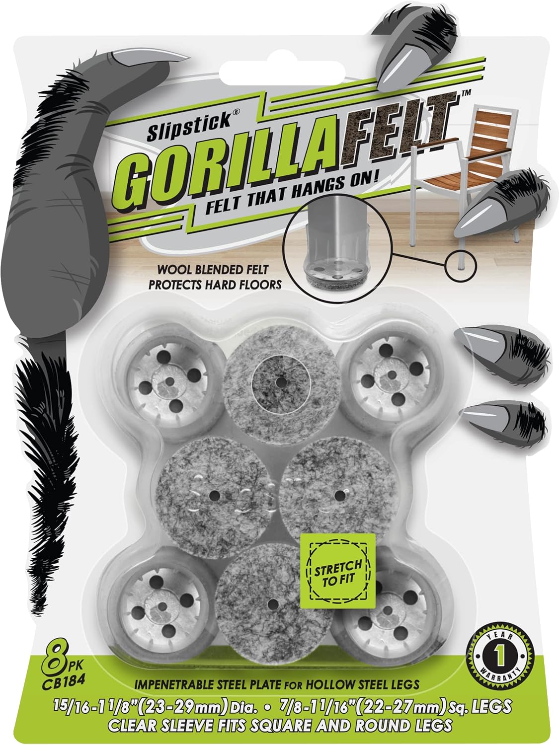 Slipstick GorillaFelt Chair Leg Floor Protectors for Hardwood Floors, Clear Sleeve Felt Pads for Furniture That Stay On, Fits Round & Square Legs, Includes 8 Premium Transparent Chair Socks, CB184