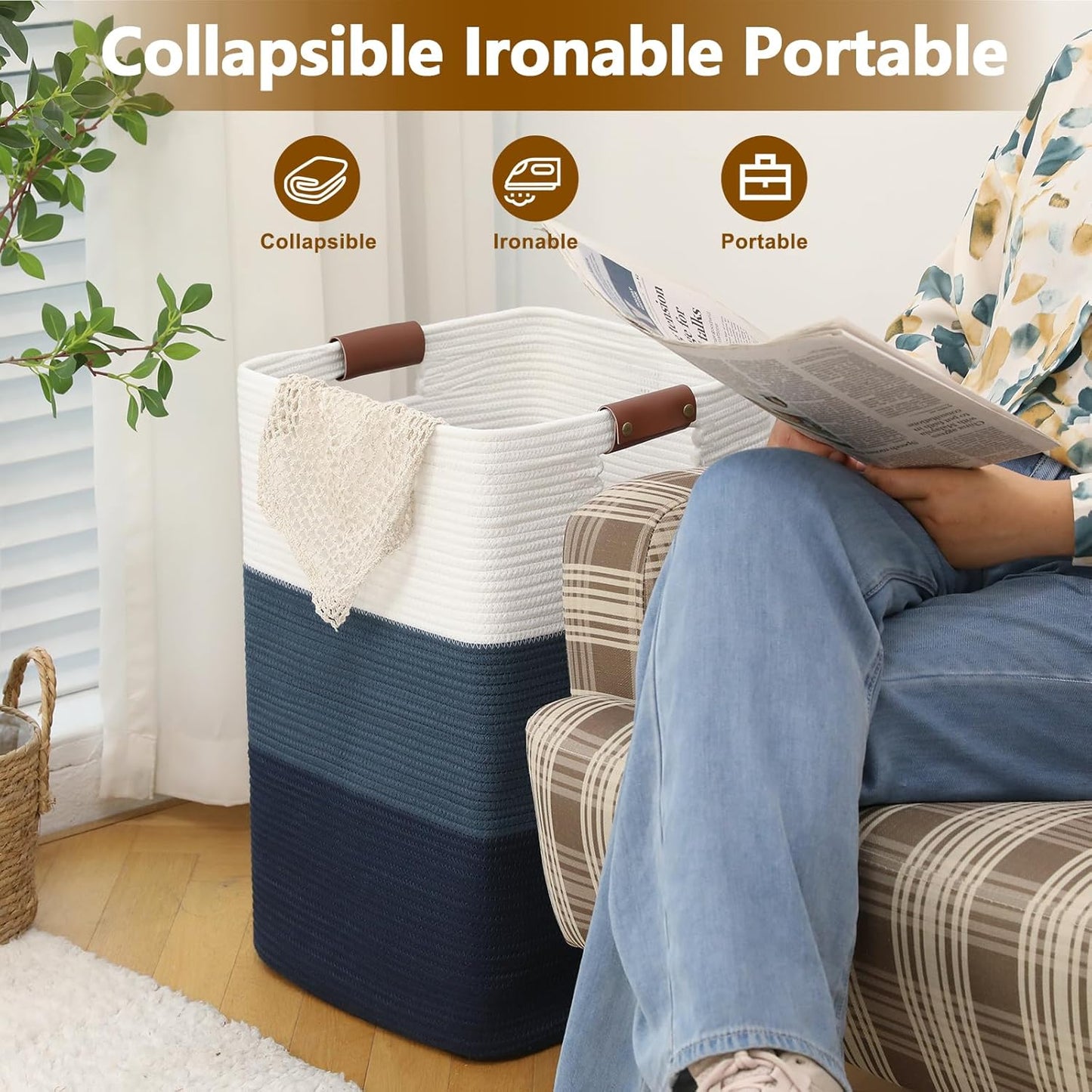 Laundry Hamper 96L Extra Large Laundry Basket, Woven Blanket Basket, Cotton Woven Storage Hamper with Handles for Living Room, Large Baskets for Pillows, Blankets, Clothes-Gradient Blue