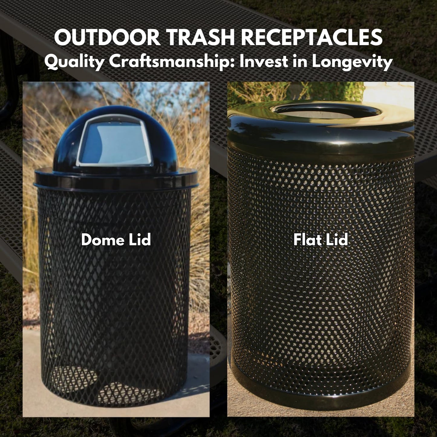 COATEDOUTDOORFURNITURE RFT-TXTPUR Heavy Duty Round Trash Receptacle with Flat Top, Liner Included, 32 Gallon, Textured Purple, Made in America