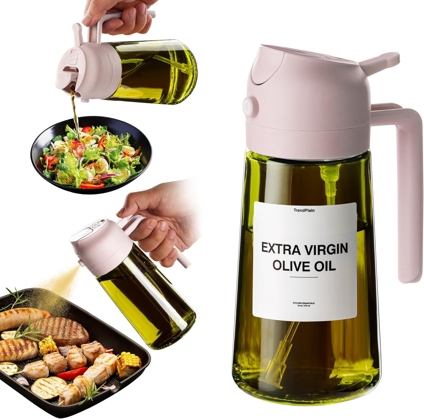 TrendPlain - Original 16oz/470ml Olive Oil Dispenser Bottle for Kitchen Gadgets and Air Fryer Accessories - Olive Oil Sprayer for Cooking w/Stickers - Peach