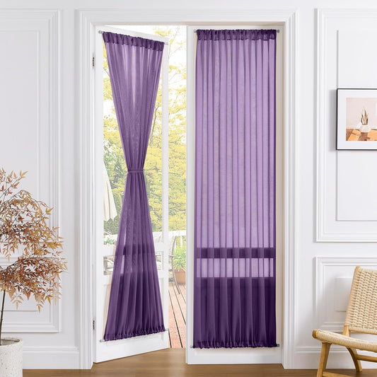 Tollpiz Sheer Door Curtain Closet Linen Textured Curtain Sheers Doorway Light Filtering Voile French Door Rod Pocket Curtains Patio Glass Door, 25 x 80 inches Long, Royal Purple, Set of 1 Panel