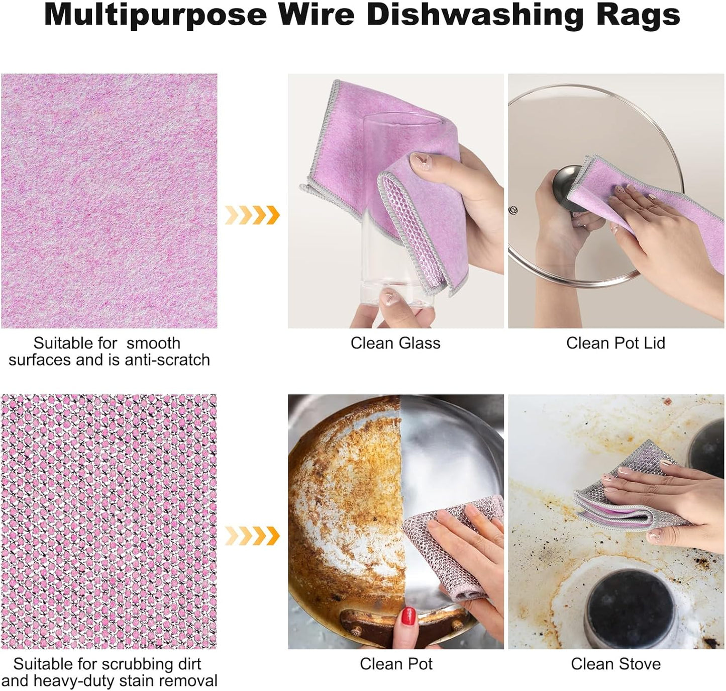 10pcs Non Scratch Wire Dishcloth Multipurpose Wire Dishwashing Rag for Wet and Dry,Metal Scrubbers for Cleaning Dishes,Dual-Sided Kitchen Cleaning Cloths with Mesh,Cleaning Tool for Pot, Pink