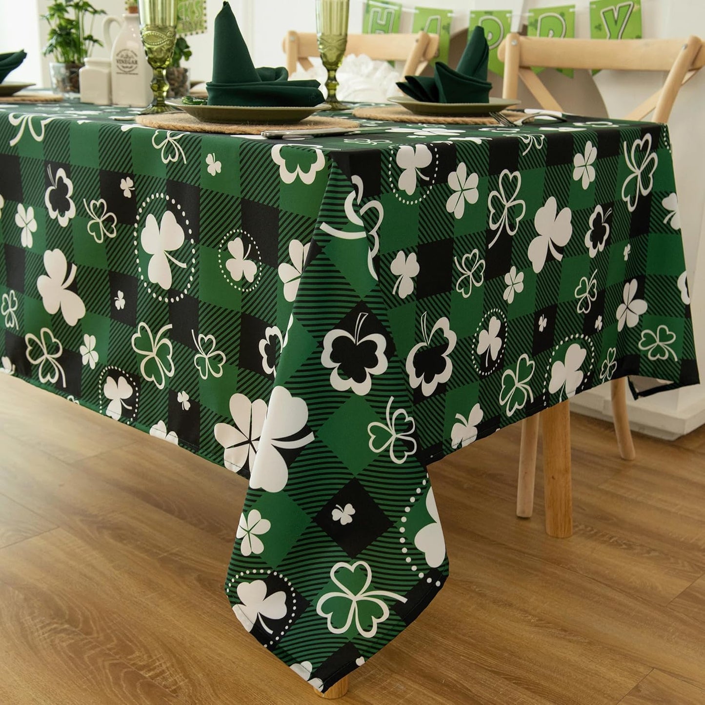 Saint Patricks Day Classic Buffalo Shamrock Tablecloth Fabric - Oblong 58x144 Inch Water Proof Checkered Table Cloth for Indoor Outdoor - Irish-Themed Gifts Table Cover for Holiday, Party