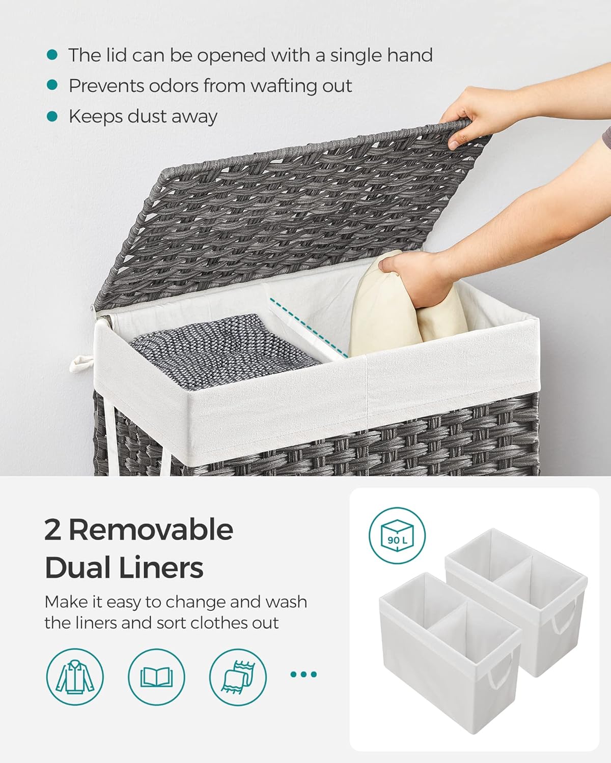 SONGMICS Laundry Hamper with Lid, 90L Clothes Hamper with 2 Removable Liner Bags, 6 Mesh Bags, Wicker Laundry Basket, Double Laundry Hamper for Bathroom, 13 x 18.1 x 23.6 Inches, Gray ULCB251G01V1