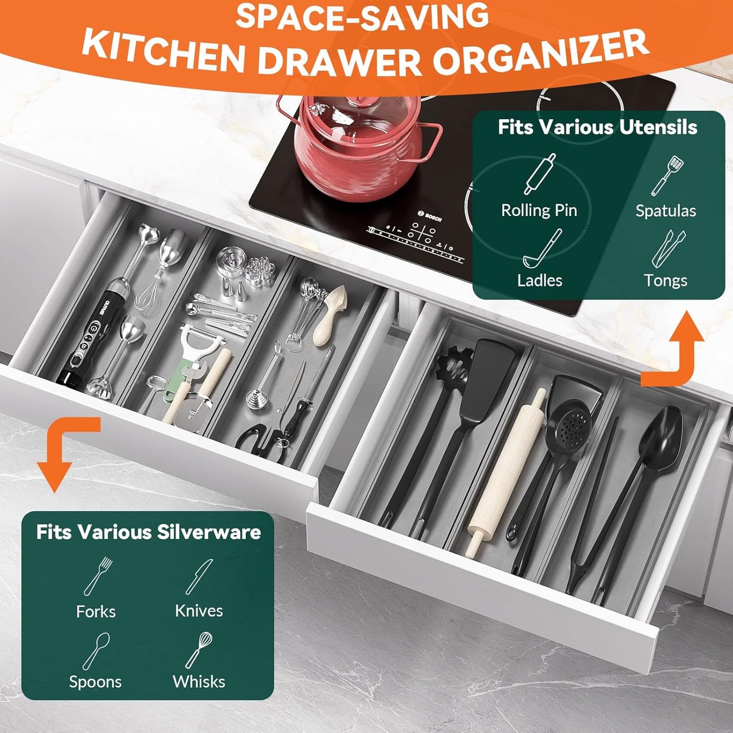 Bamboo Drawer Organizer, Extra Large Silverware Organizer for Kitchen Drawer, Stackable Utensil Organizer, 2 Pcs Toilet Tank Topper Tray, Wooden Toilet Paper Basket (Silver, 17 X 6 X 2 Inch)