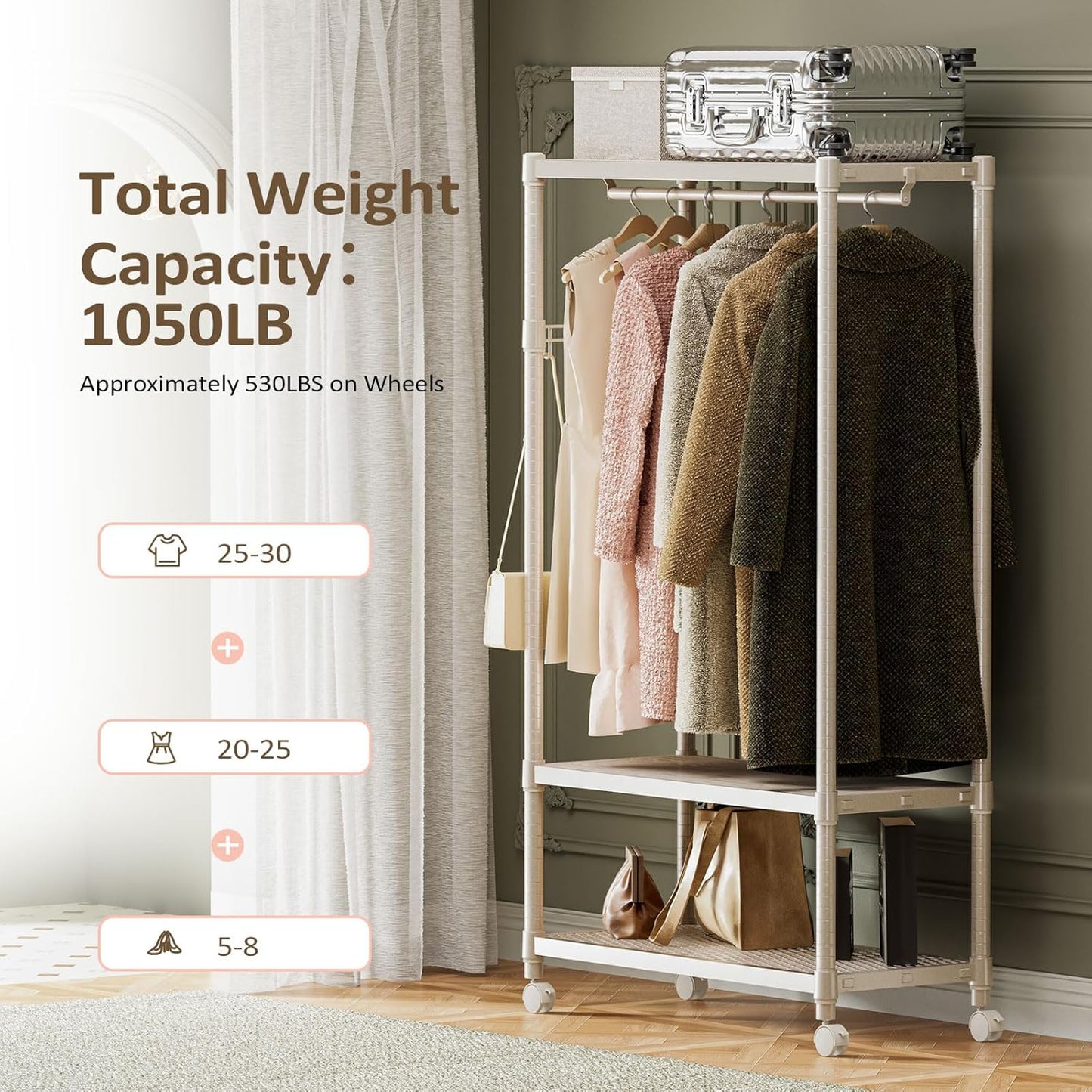 IZEUK Heavy Duty Rolling Garment Rack Wire Clothes Rack for Hanging Clothes, Metal Freestanding Closet Wardrobe Rack 3-Tier Clothing Rack with Wooden Boards Gold 17.7" D x 33.5" W x 70.3" H