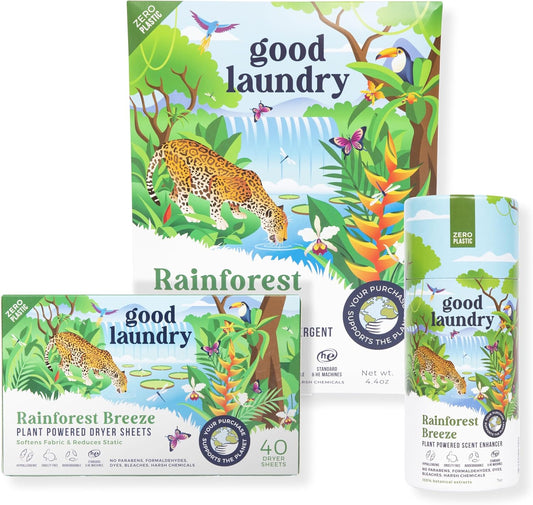 Good Laundry Rainforest Breeze Detergent Sheets, Scent Booster, & Dryer Sheet Bundle - No Plastic Jugs, Eco-Friendly, Zero Harsh Chemicals, Hypoallergenic - Based in the USA