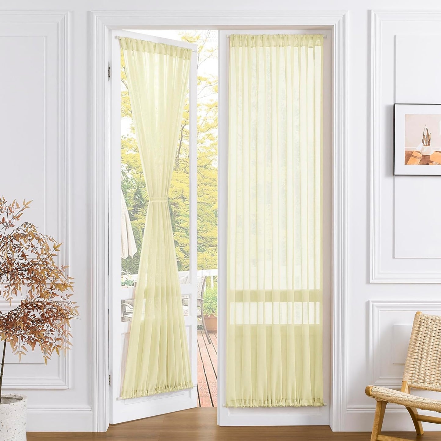 Tollpiz Sheer Door Curtains Closet Linen Textured Curtains Sheer Doorway Light Filtering Voile Rod French Door Pocket Curtain Patio Door, 25 x 72 inches Long, Transparent Yellow, Set of 1 Panel