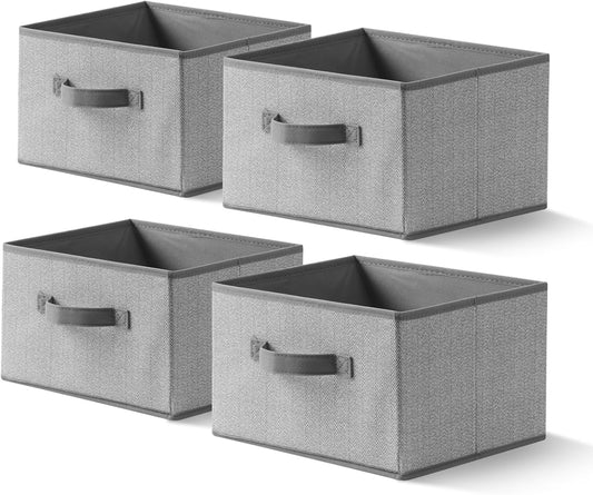 Storage Baskets, 11-Inch Woven Fabric Bins, Storage Cubes with Reinforced Handles, Organizer Bins for Closet Shelves, Foldable, for Toys, Clothes, Natural Beige (4PCS/Grey-11*11*7.8inch)
