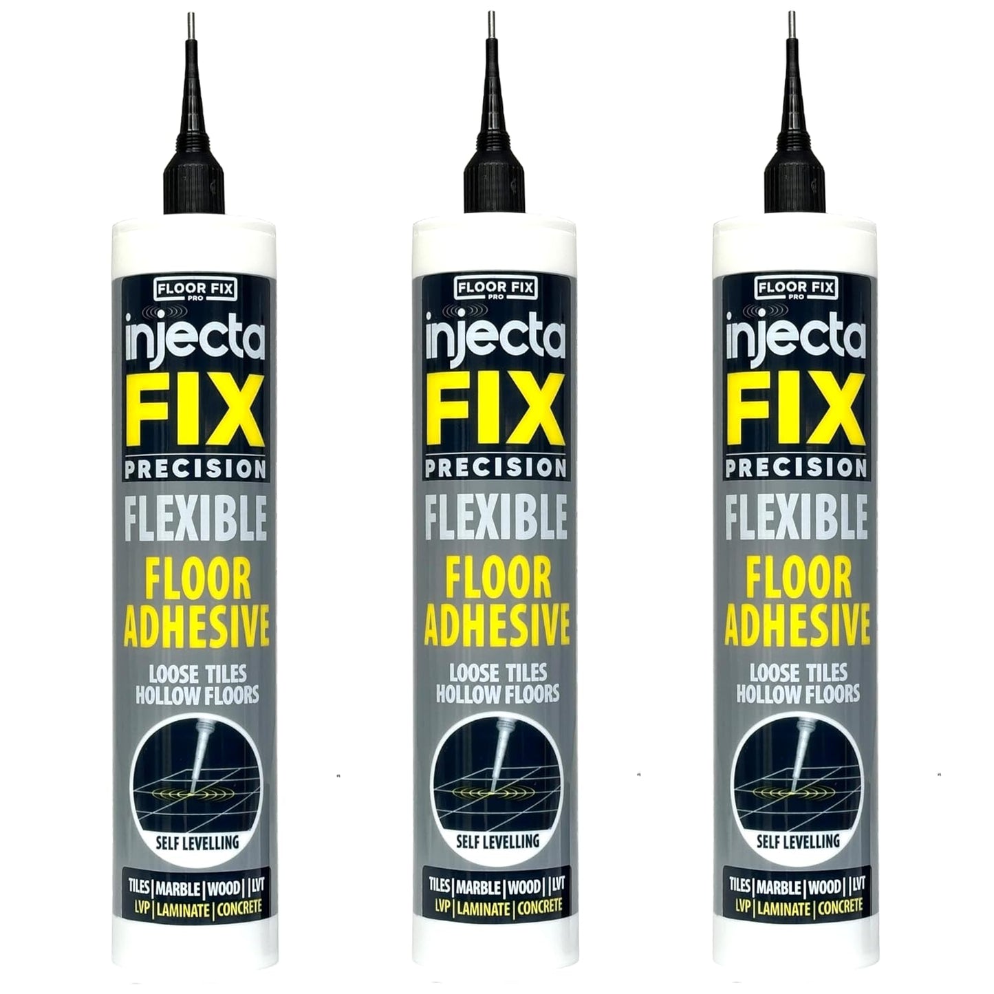 Precision 300ml from Floor-Fix Pro - Fix Loose Tiles - for Loose & Hollow Tiles, Wood, LVT & Laminate - Includes 1.9mm Syringe Tip - Adjustable to 6mm + Anti-Clog Performance (Pack of 3)