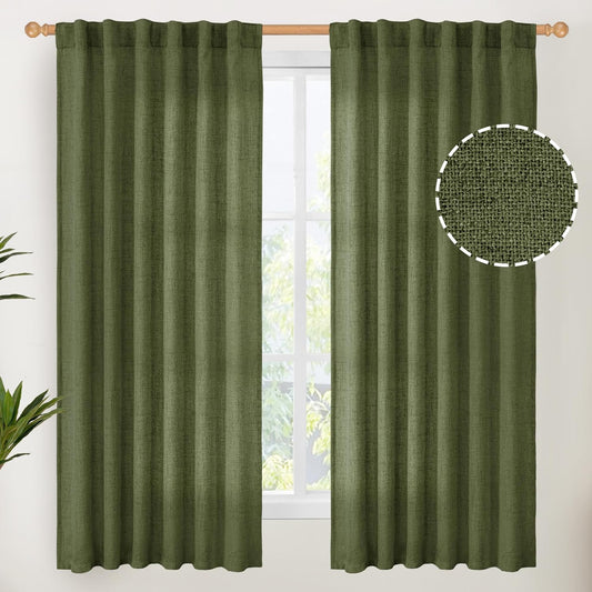 YoungsTex Olive Green Linen Curtains 63 Inch Length for Living Room, Light Filtering Textured Drapes with Rod Pocket/Back Tab Semi Sheer Window Treamtments for Bedroom, 2 Panels, 52 X 63 Inch