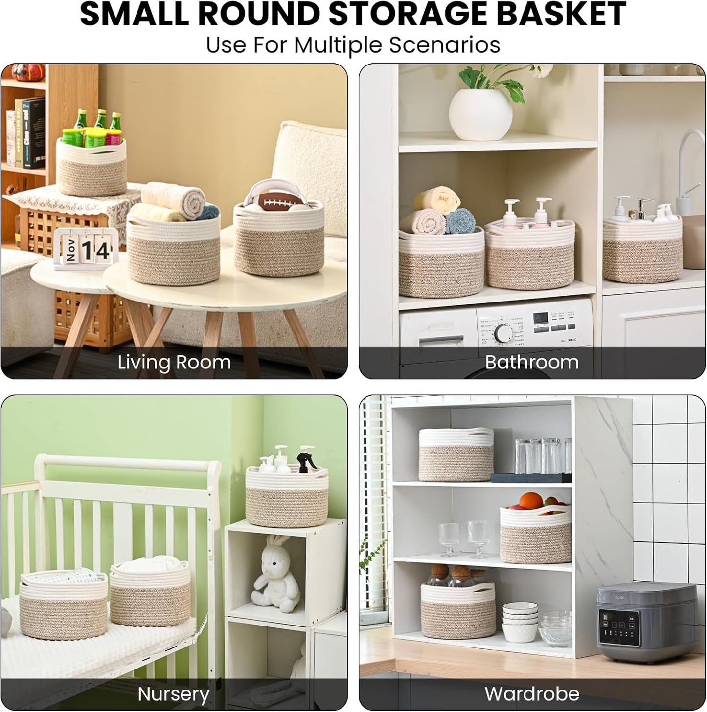Small Storage Baskets for Organizing, Organizer Baskets for Shelves, Small Woven Basket for Storage, Cute Brr Basket for Gifts Empty, 9.7"×9.7"×7" (3 Packs) Off White & Brown