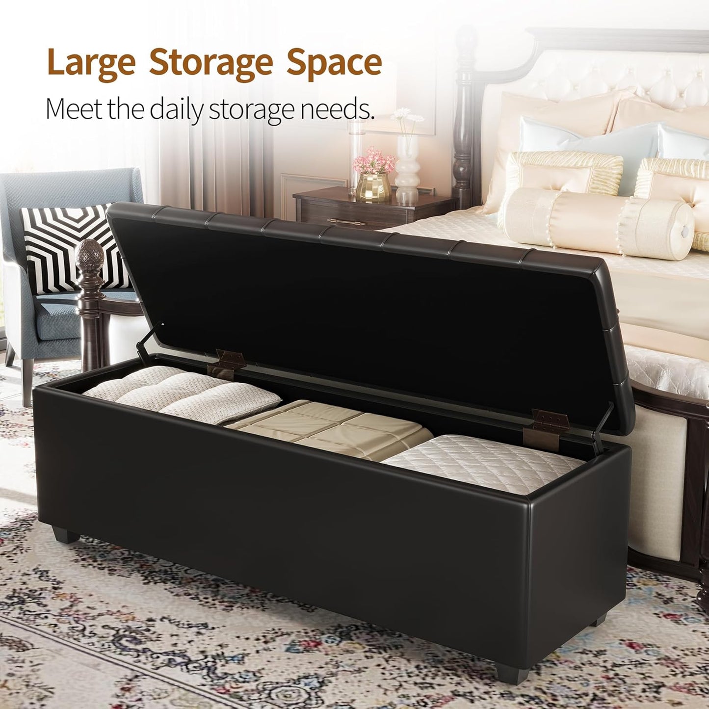 Ottoman with Storage 38 inches, Furniture End of Bed Storage Benches, Long Ottomans Bench with hinged lid, Bench seat Trunk for Foot Rest in Bedroom, Living Room (Black)