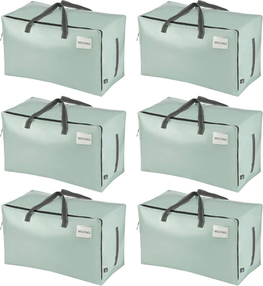 VENO 6 Pack Moving and Storage Bags, Heavy Duty, Alternative to Moving Boxes, Large Packing Totes Supplies for College Dorm Room with Zipper for Clothes, Wide Open Design (Shiny Light Green, 6 Pack)