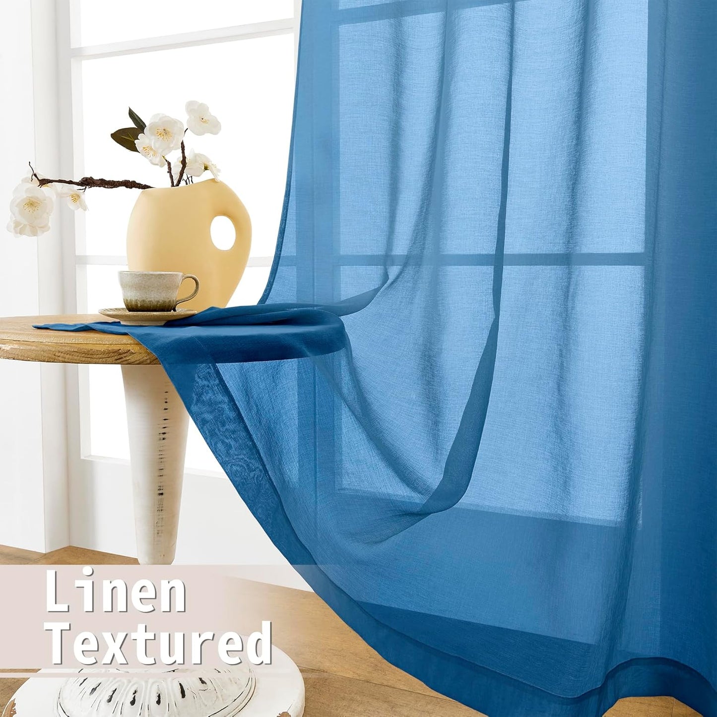 Tollpiz Sheer Curtains Closet Linen Textured Curtain Sheers Doorway Light Filtering Voile French Door Rod Pocket Curtains Patio Glass Door, 54 x 63 inches Long, Classic Blue, Set of 1 Panel