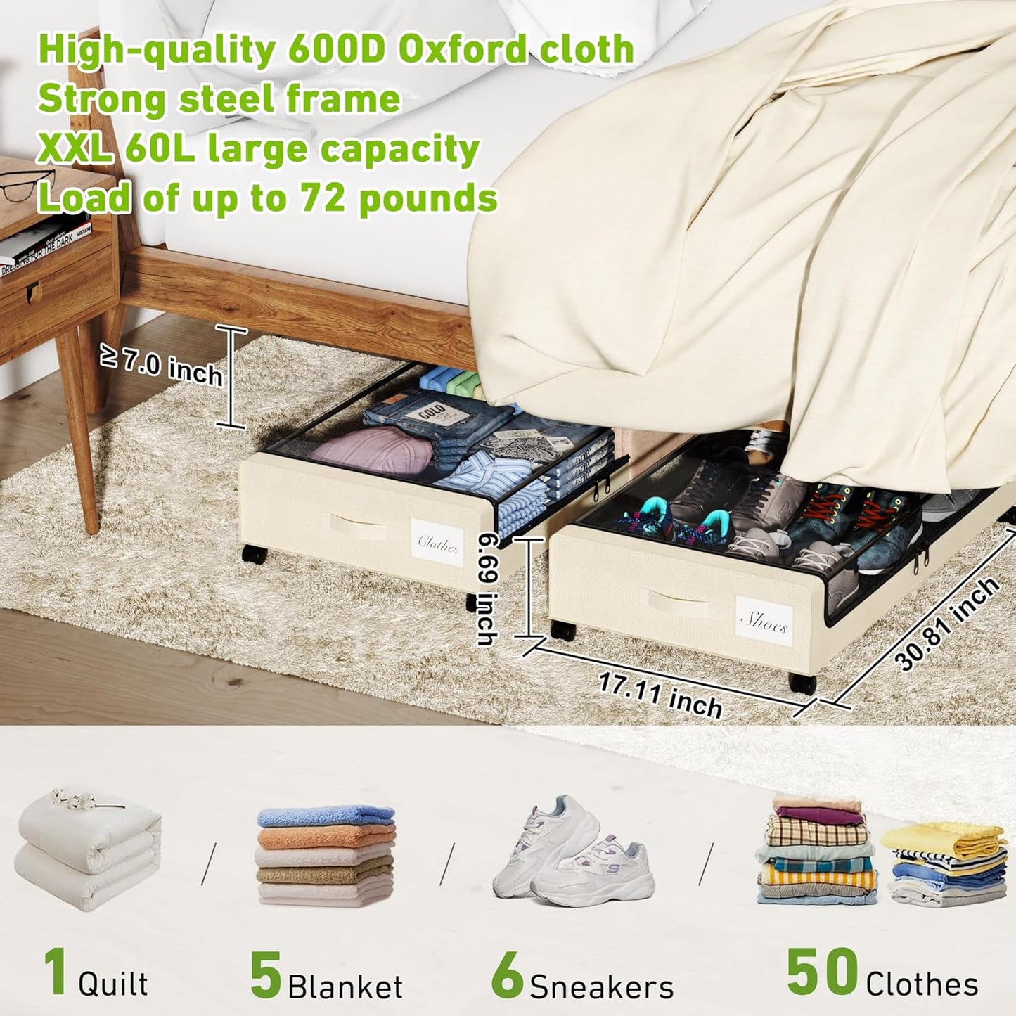 Under Bed Storage with Wheels, Under the Bed Storage Containers with Clear Lids & Label, Underbed Storage Bins, XXL 60L Rolling Metal Drawer for Clothes, Shoes, Toys, Books (Beige)