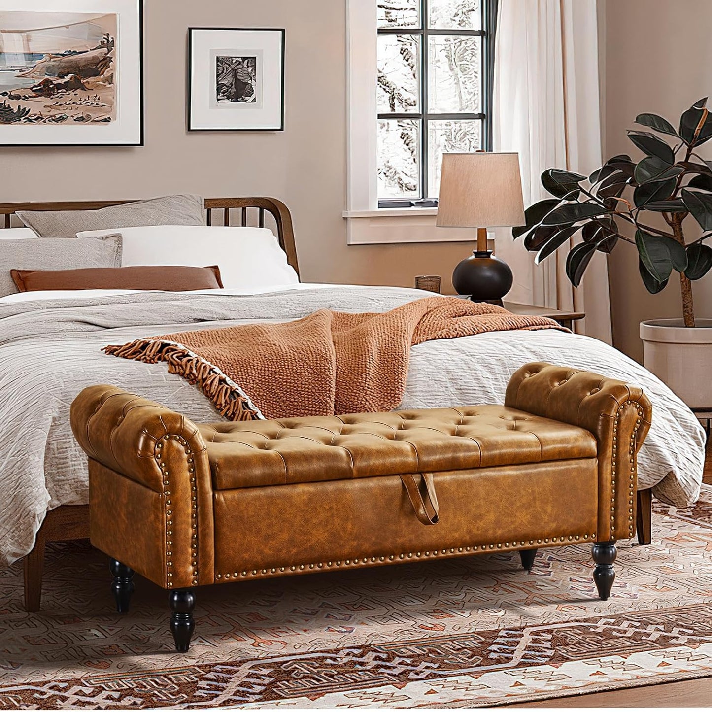 Furnimart Storage Bedroom Bench for End of Bed, Faux Leather Upholstered Storage Ottoman with Rolled Arms for Bedroom,Living Room, Entryway, 2.5Cubic Feet