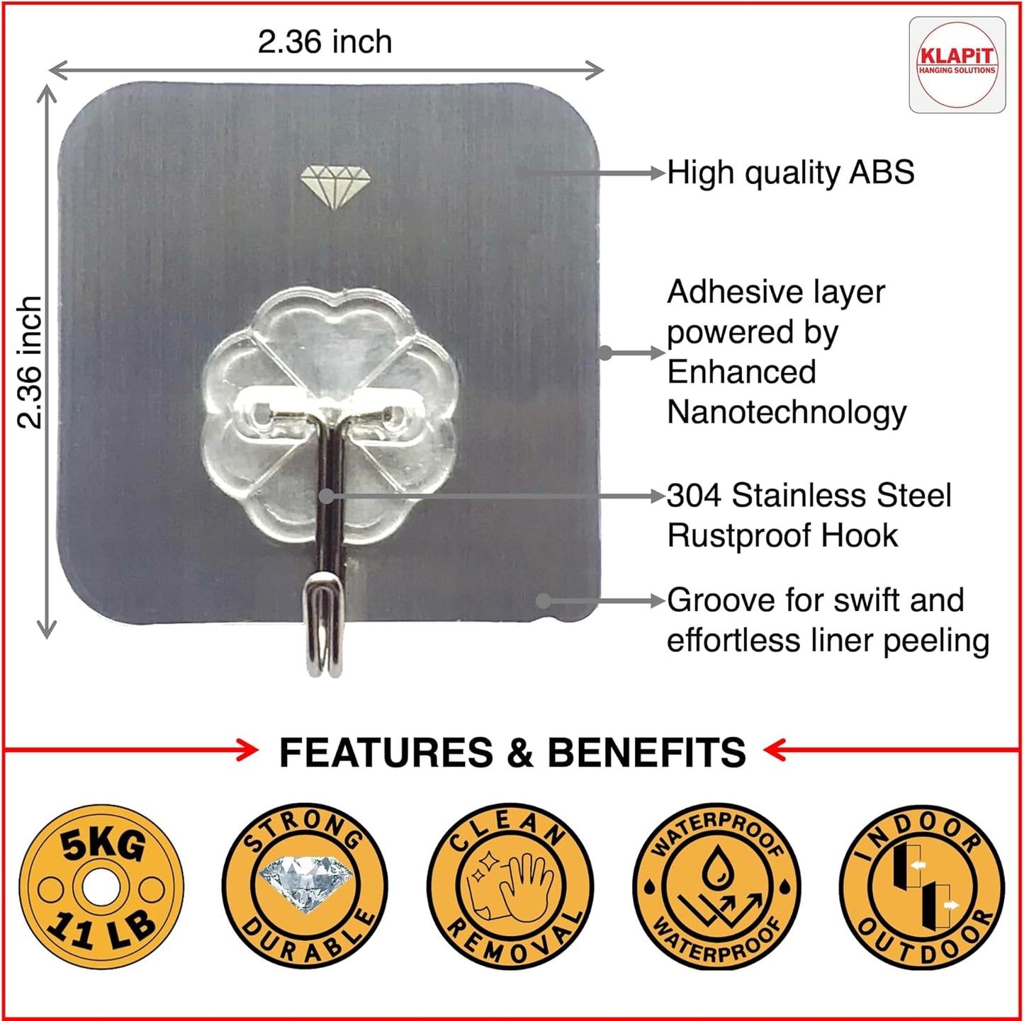 KLAPiT Super Hook - Heavy-Duty Adhesive Wall Hooks, Holds Up to 11 lbs, Waterproof, No Damage, Easy Install on Tile, Wood, Stone, Glass & Metal - Made of Steel (Silver, 8pc)