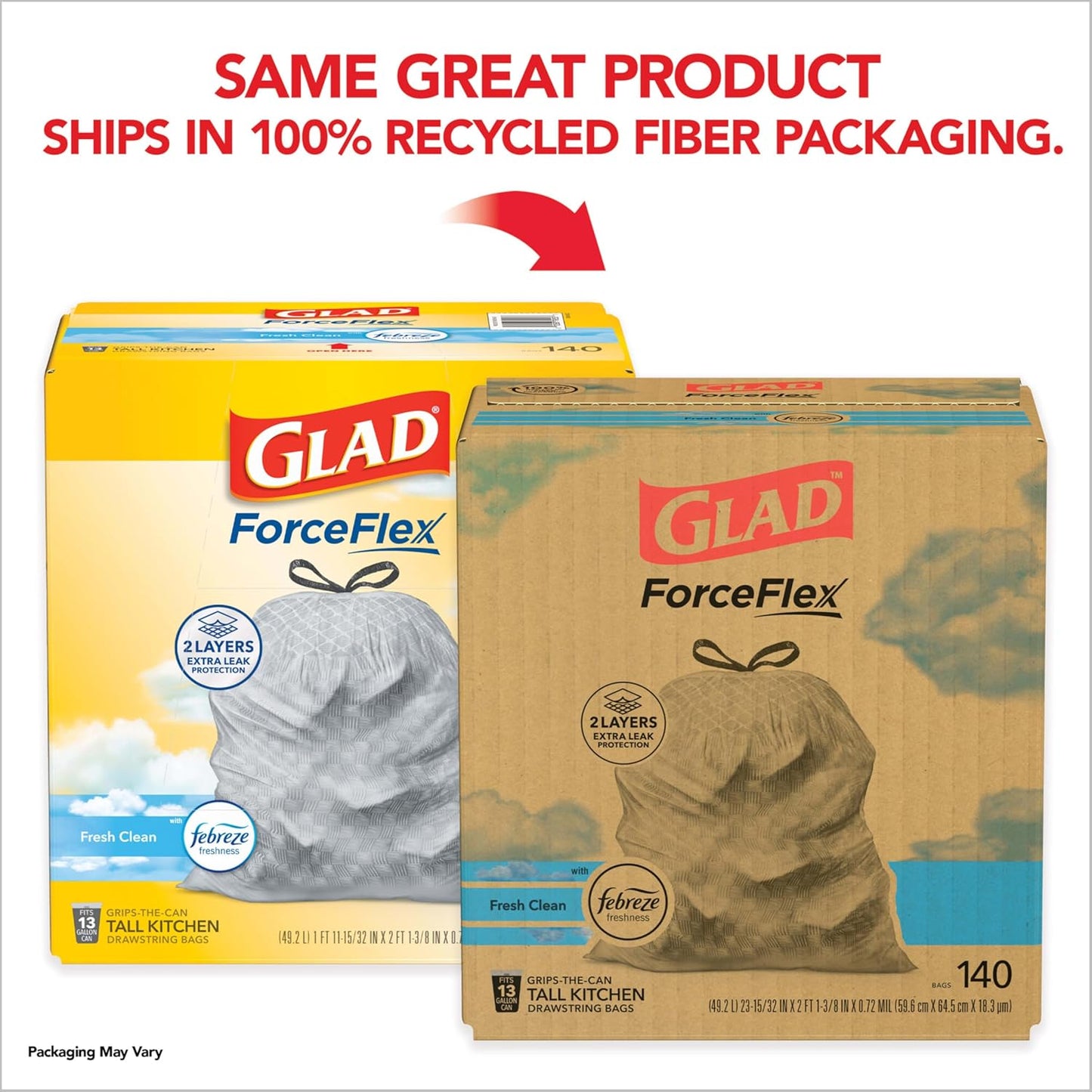 Glad ForceFlex Tall Kitchen Trash Bags, 13 Gallon, Fresh Clean, 140 Count (Package May Vary)