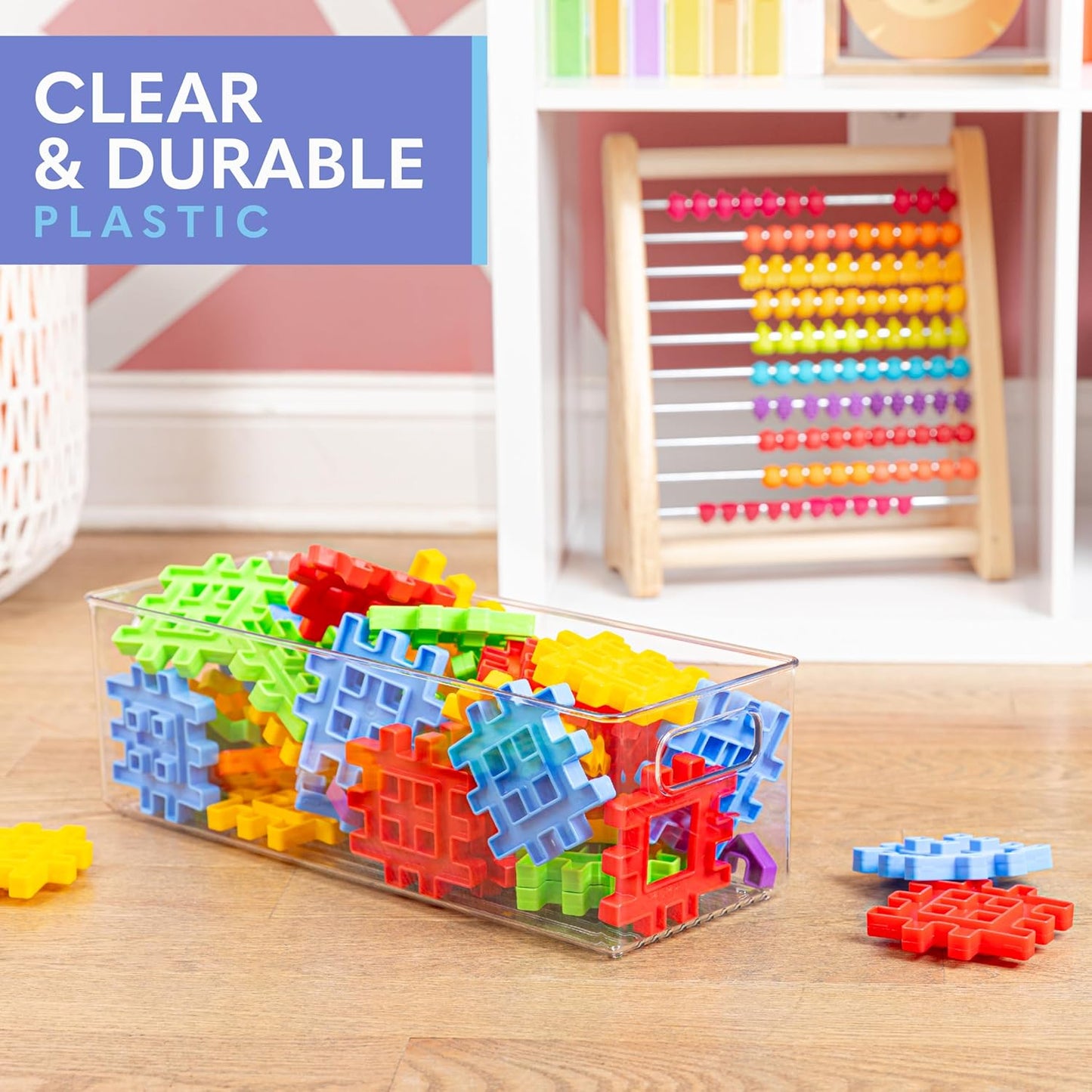 Plastic Food Storage 2 Pack Clear Container Bin with Handles for Organizing Kitchen, Pantry, Fridge, Freezer, Pantry, Bathroom. 14"x6"5"