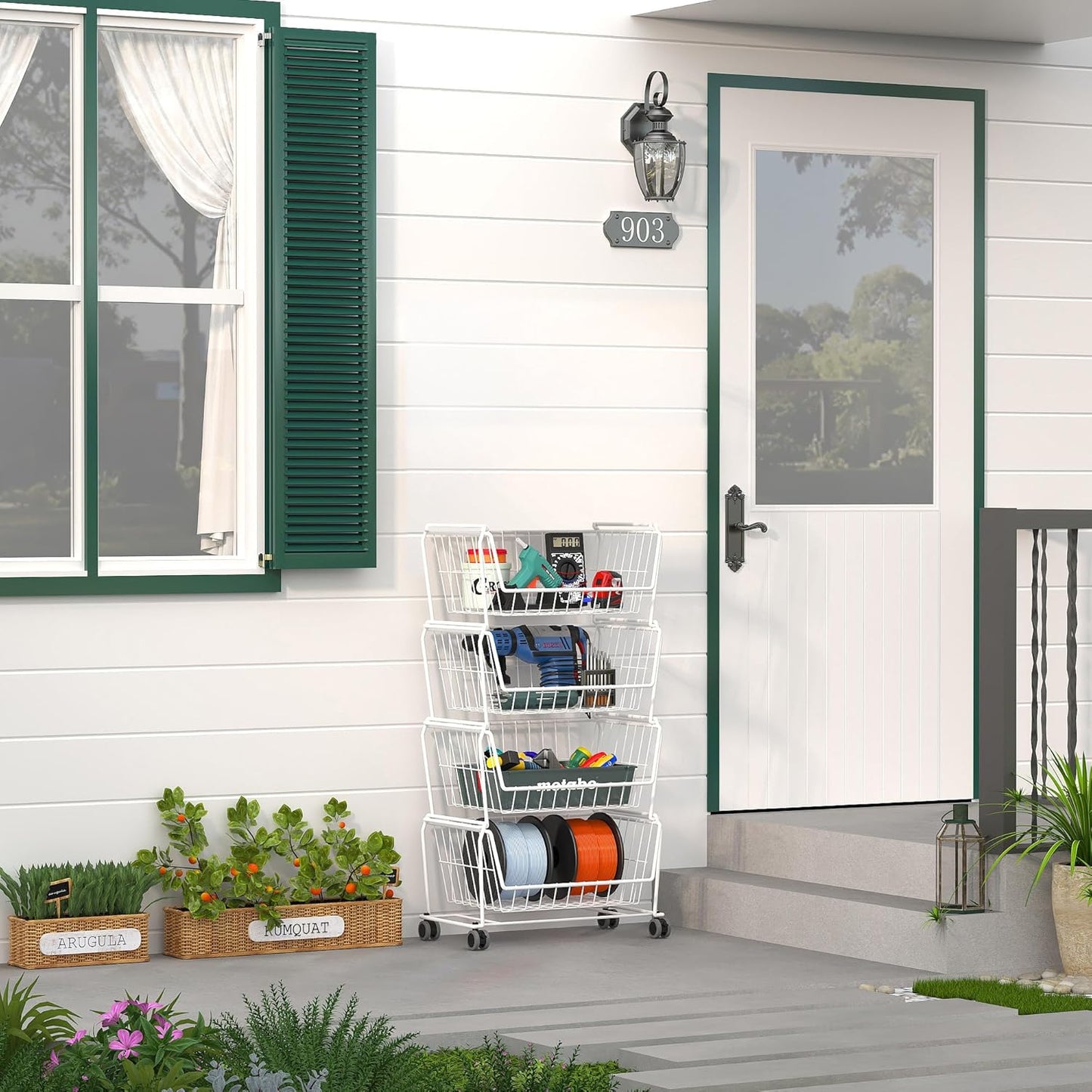 PUSDON Stackable Metal Storage Carts, Dual Use Shelf for Kitchen Fruit Vegetable Baskets with Wheels, Storage Rack for Living Room, Home & Office, Standard White 4 Tiers