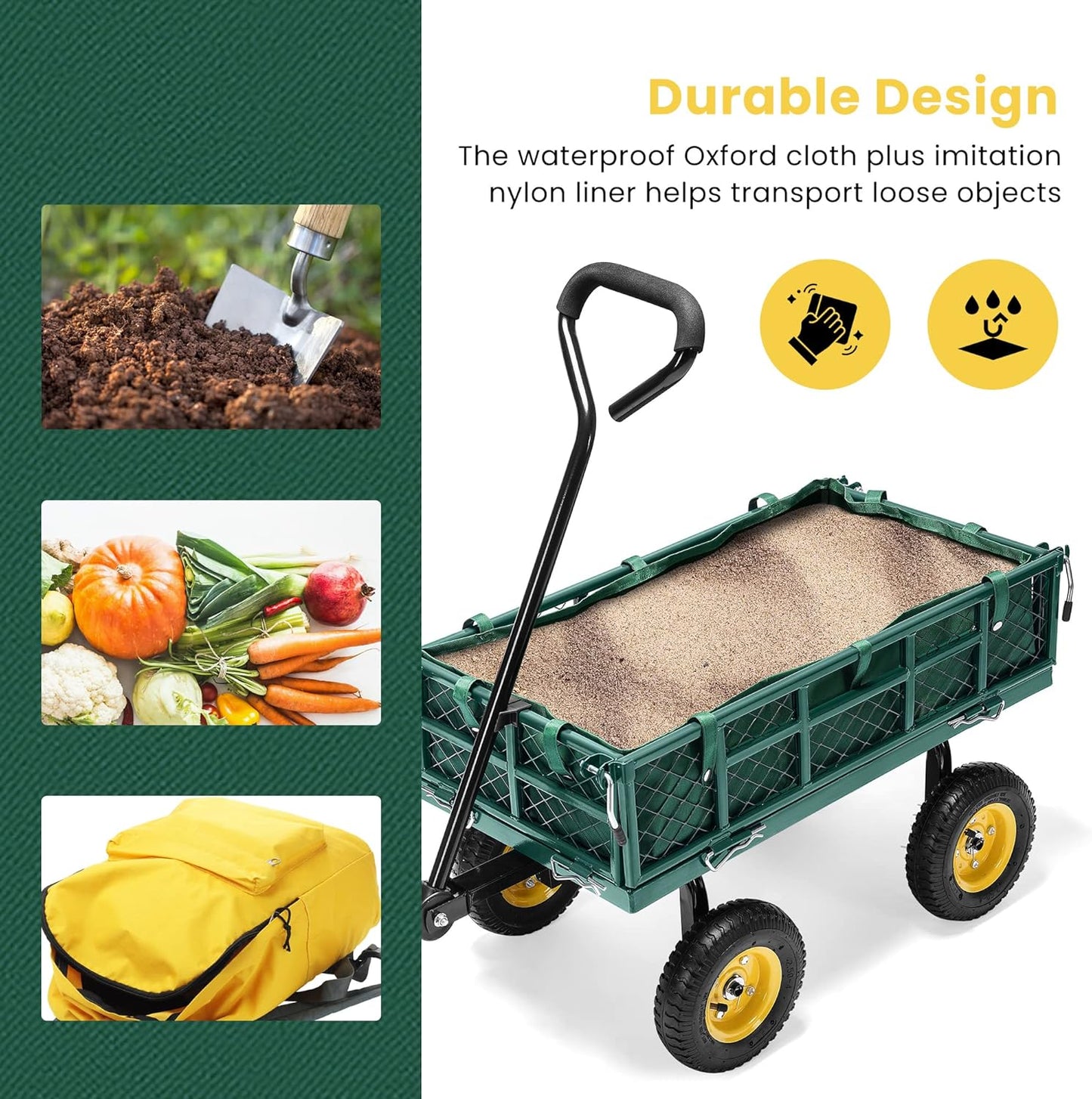 VIVOHOME Heavy Duty 400 Lbs Capacity Mesh Steel Garden Cart Folding Utility Wagon with Removable Sides Green