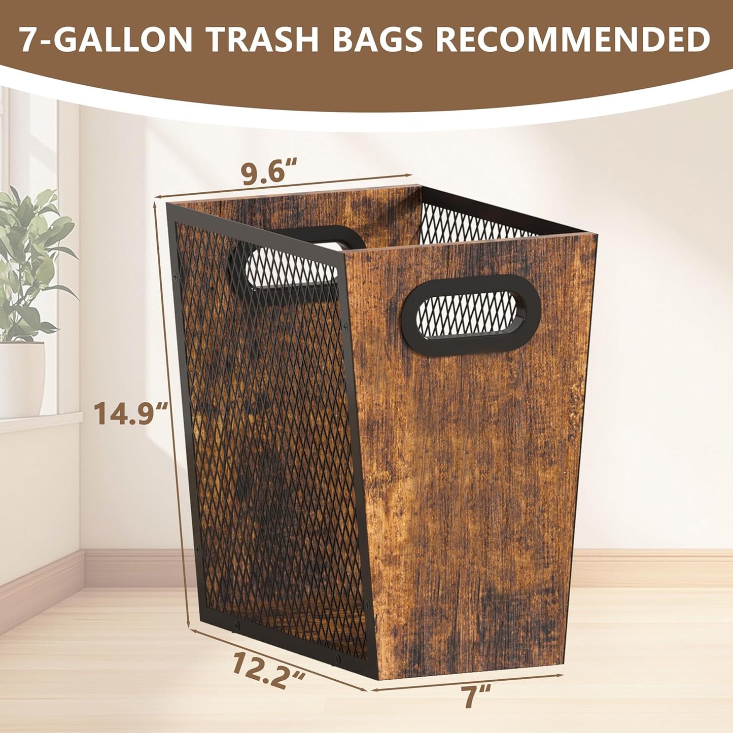 Piskyet Rustic Office Trash Can for Near Desk,7 Gallon Unique Wood Bedroom Garbage Can,Vintage Wastebasket with Handle, Decorative Trash Can for Home Office,2pack 12.2"L x 9.6"W x 14.9"H,Rustic Brown
