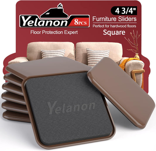 Furniture Sliders, 8 pcs-4 3/4” Square Brown Furniture Sliders for Carpet, Heavy Duty Furniture Movers Sliders, Reusable Furniture Moving Pads, Floor Protectors for Carpet