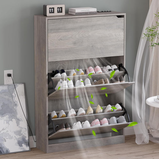 Shoe Cabinet with Odor Control and Back Panels, Deodorizing Slim 3-Flip Shoe Storage Cabinet for Entryway, Freestanding Hidden Shoe Rack Organizer for Entrance, Hallway, Bedroom