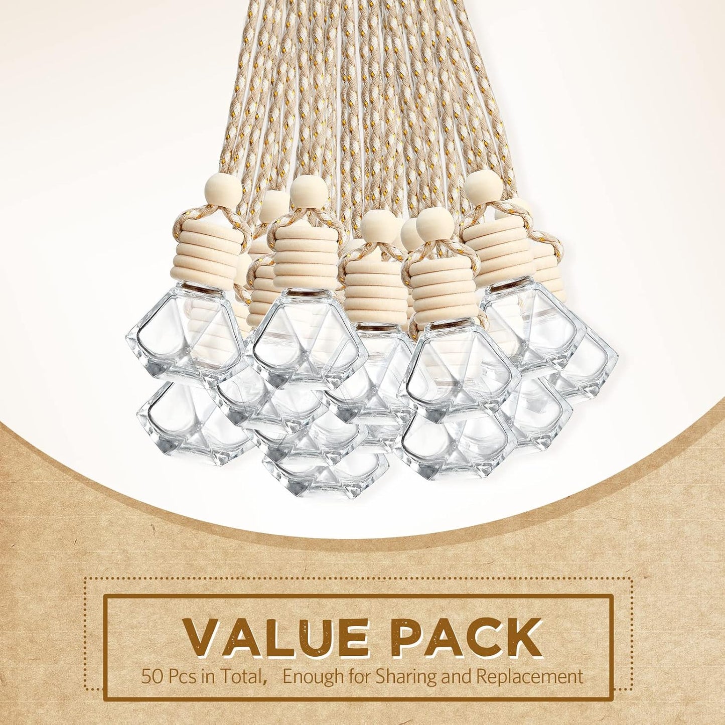 BBTO 50 Pcs Hanging Car Air Freshener Car Diffuser Bottles Empty Glass Perfume Bottle Freshener Diffuser Bottle Pendant for Essential Oil Fragrance Aromatherapy Bottle Ornament(Rhombus)