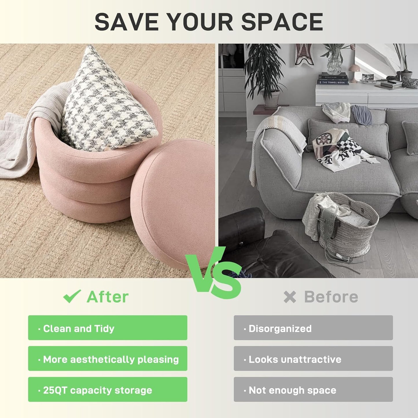 Round Ottoman with Storage Boucle Ottoman Stool Removable Lid for Living Room Modern Upholstered Vanity Storage Stool Foot Rest Bedroom Dorm Gift Set of 1 (Pink)