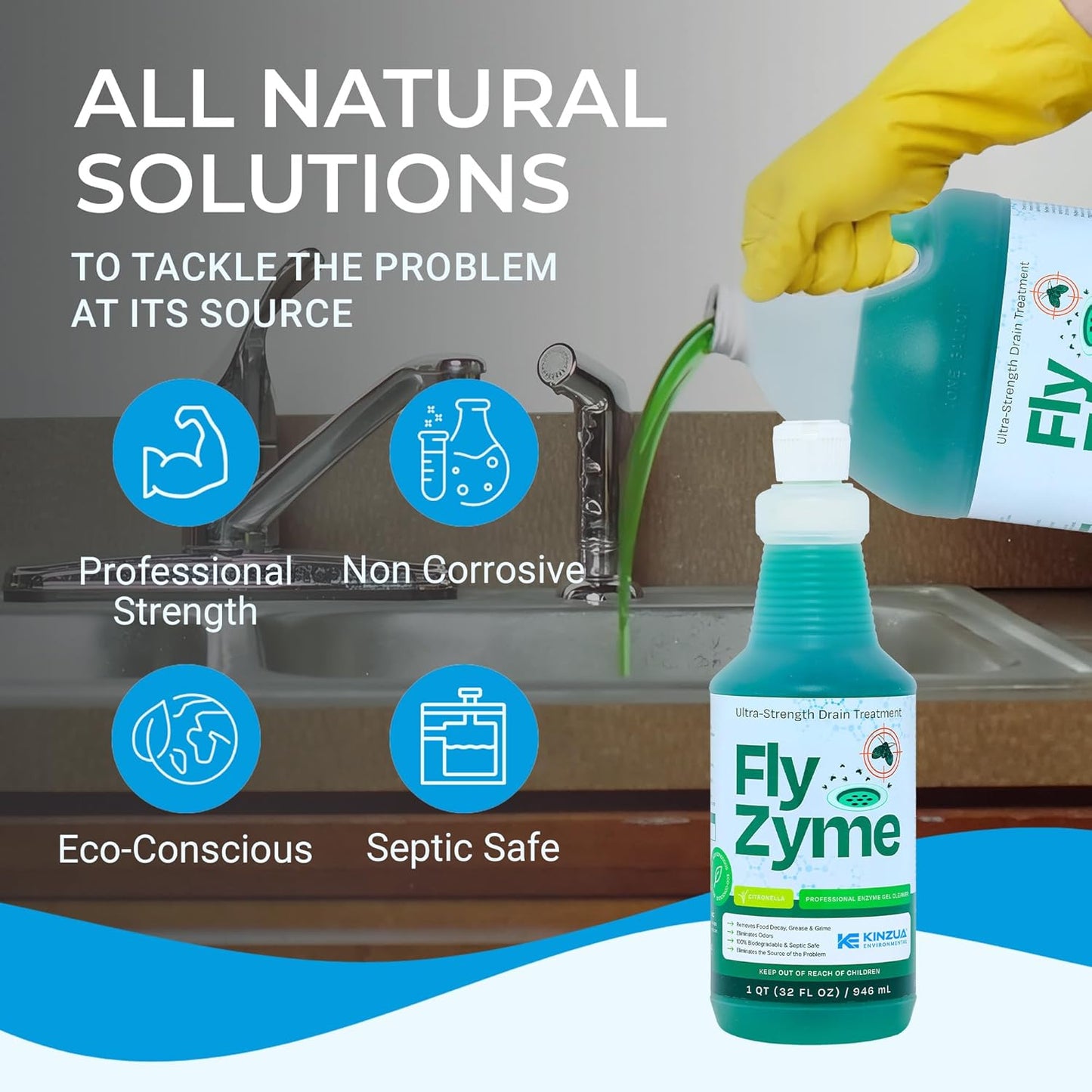Kinzua Environmental Fly-Zyme, Highly Concentrated Enzyme Drain Cleaner for Pipes & Fruit Flies, Citronella Scented Organic Waste Degrader & Odor Neutralizer, 32 fl oz