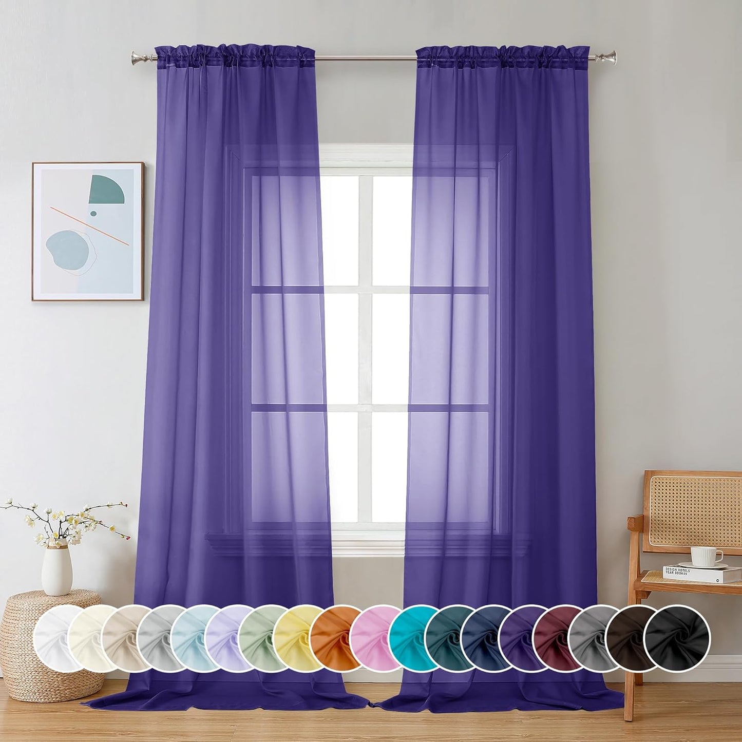 Chyhomenyc Purple Sheer Curtains 96 inches Long 2 Panels, Light Filtering Soft Airy Solid Elegant Voile Window Treatment Drapes for Bedroom Living Room Wedding Party Decor, 42 Wx96 L, 8FT L