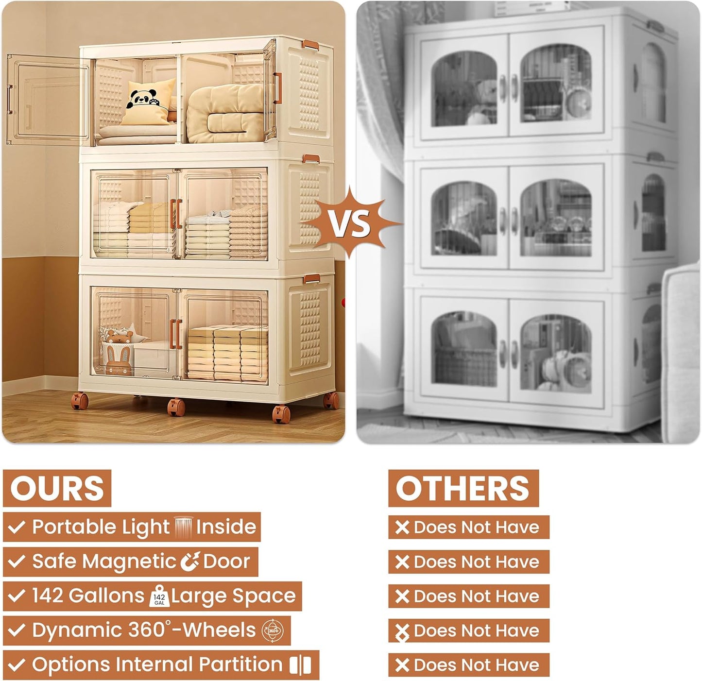 568QT/141Gal 3 Layer Stackable Storage Bins with Lid & Doors - Sensor Lights, Collapsible Storage Bin with 6 Wheels, Plastic Foldable Organizer for Home, Office Use