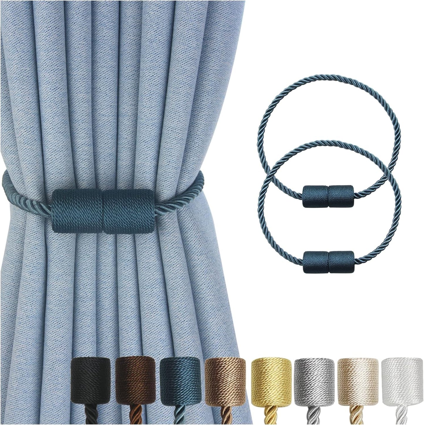 Magnetic Curtain Tiebacks 2 Pack Blue Curtain Rope Tieback Curtain Holders for Drapes Modern Tie Backs Decorative Curtain Holdbacks