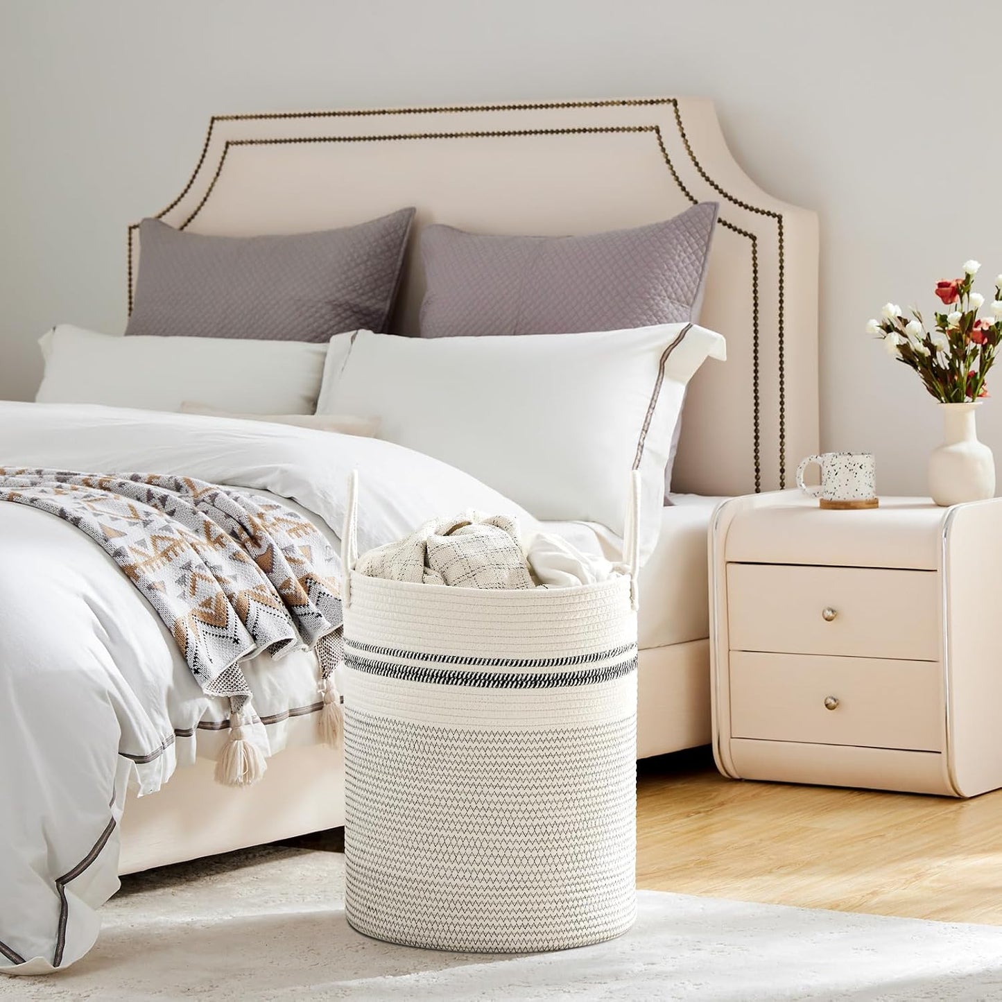 VIPOSCO Large Laundry Hamper, Tall Woven Rope Storage Basket for Blanket, Toys, Dirty Clothes in Living Room, Bathroom, Bedroom - 53L Stripe White