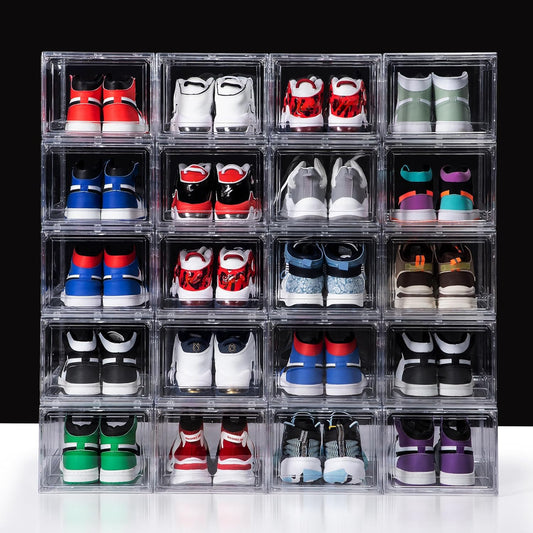 12 Pack Acrylic Shoe Boxes, Ultra Clear Shoe Boxes Stackable, Shoe Storage Box Sneaker Storage for Sneakerhead, Foldable Shoe Organizer with Magnetic Door, Professional Shoe Display Fits US Size 15
