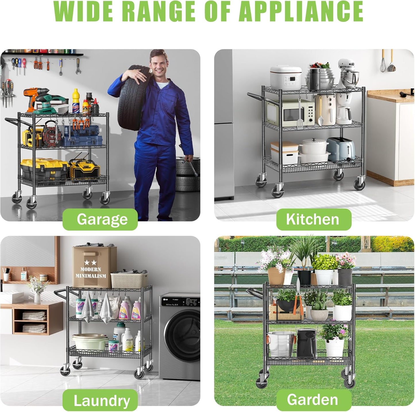3 Tier Metal Cart with Wheels, Heavy Duty Utility Rolling Cart 1050lbs, Commercial Grade Kitchen Trolley with Handle Bar&Shelf Liner, Mobile Steel Wire Trolley for Warehouse Garage Kitchen